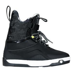 Side view of the black Gooey Boot with a heel pull loop, mottled upper, and a glossy trim band.