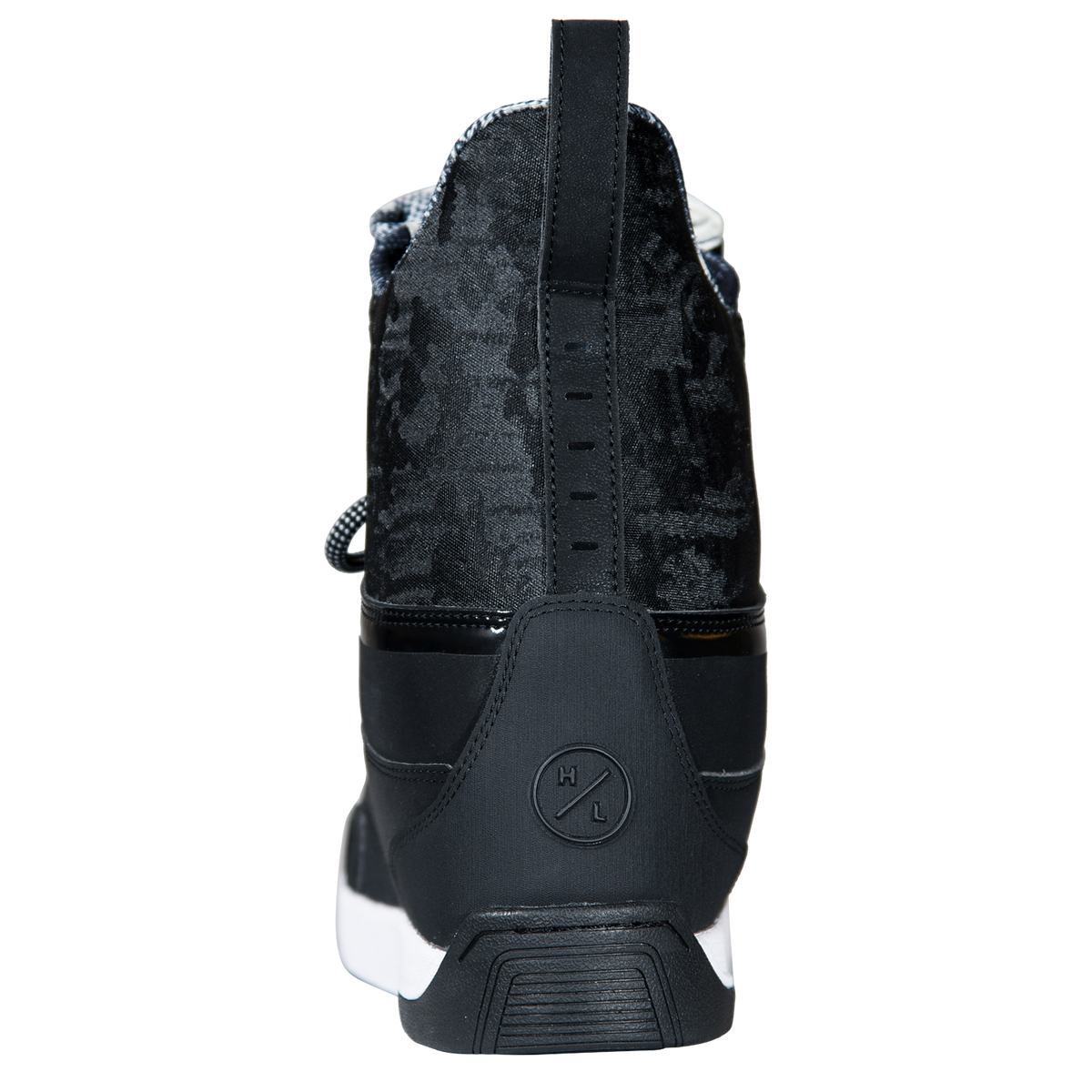 Back view of the black Gooey Boot with a mottled upper, slotted heel tab, and an embossed Hyperlite logo.