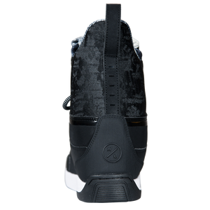 Back view of the black Gooey Boot with a mottled upper, slotted heel tab, and an embossed Hyperlite logo.