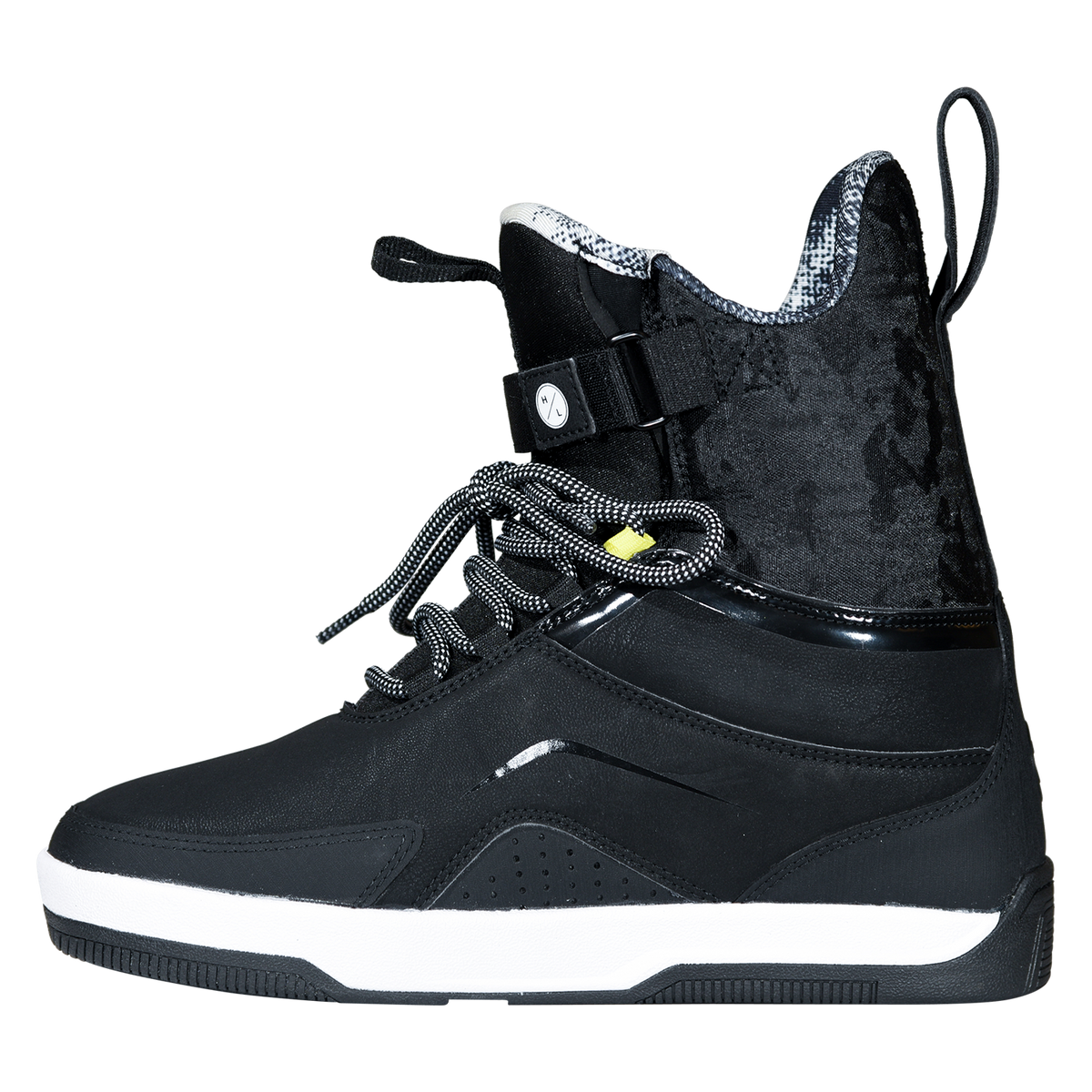 Side view of the black Gooey Boot facing left, with an ankle strap, flecked laces, and a pull loop.
