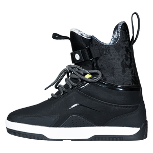 Side view of the black Gooey Boot facing left, with an ankle strap, flecked laces, and a pull loop.