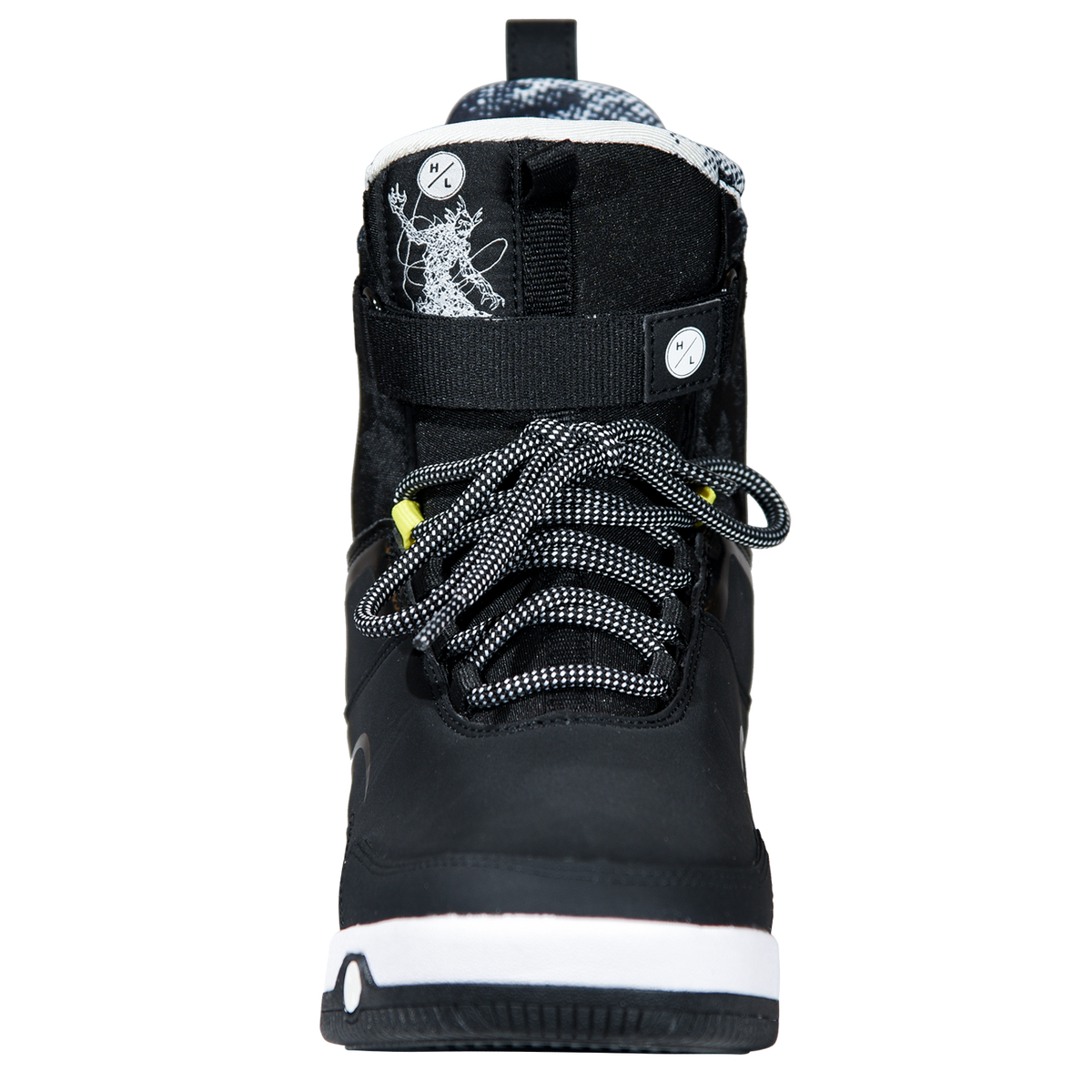 Front view of the black Gooey Boot with white-flecked laces, an ankle strap, and a sketched creature tongue.
