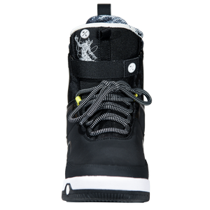 Front view of the black Gooey Boot with white-flecked laces, an ankle strap, and a sketched creature tongue.