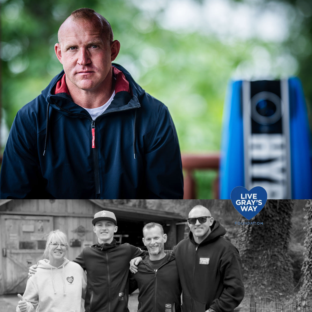 Man in a blue jacket with a blurred background, followed by a black and white photo of four people with a 'Live Gray's Way' logo.