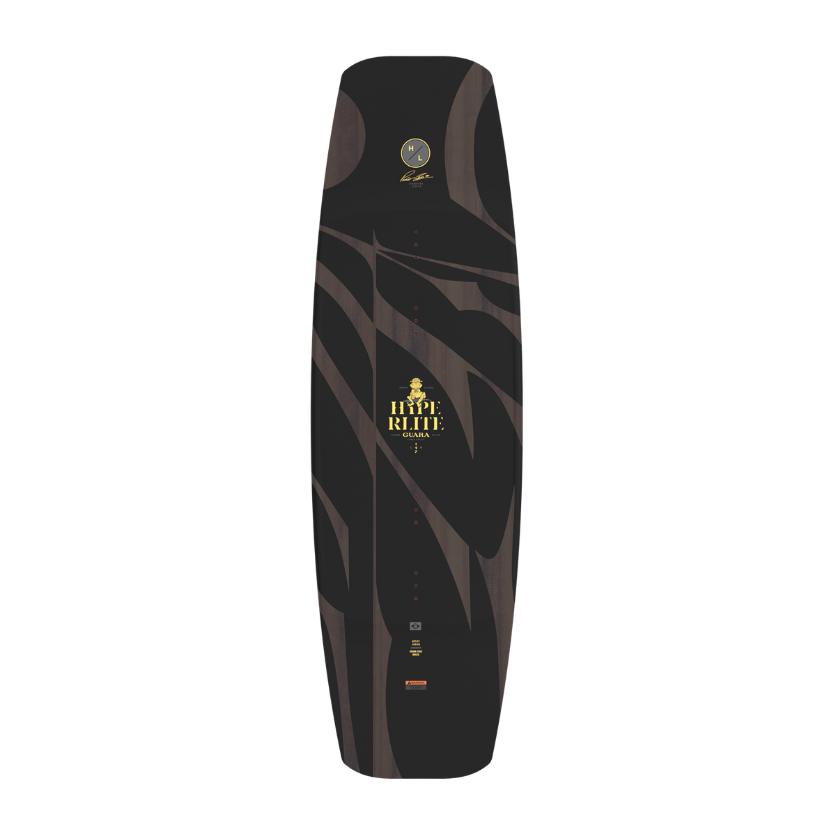 Top-down view of the Guara wakeboard top in black and wood-grain with a gold Hyperlite logo.