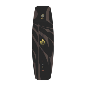 Top-down view of the Guara wakeboard top in black and wood-grain with a gold Hyperlite logo.