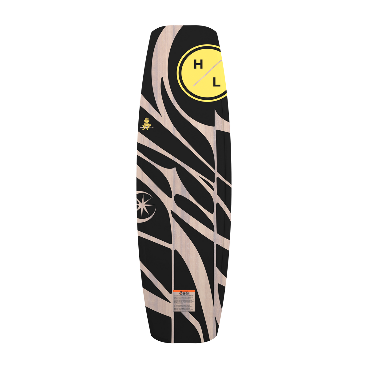 Top-down view of the Guara wakeboard base in black and wood-grain with a yellow H/L logo.