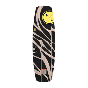 Top-down view of the Guara wakeboard base in black and wood-grain with a yellow H/L logo.