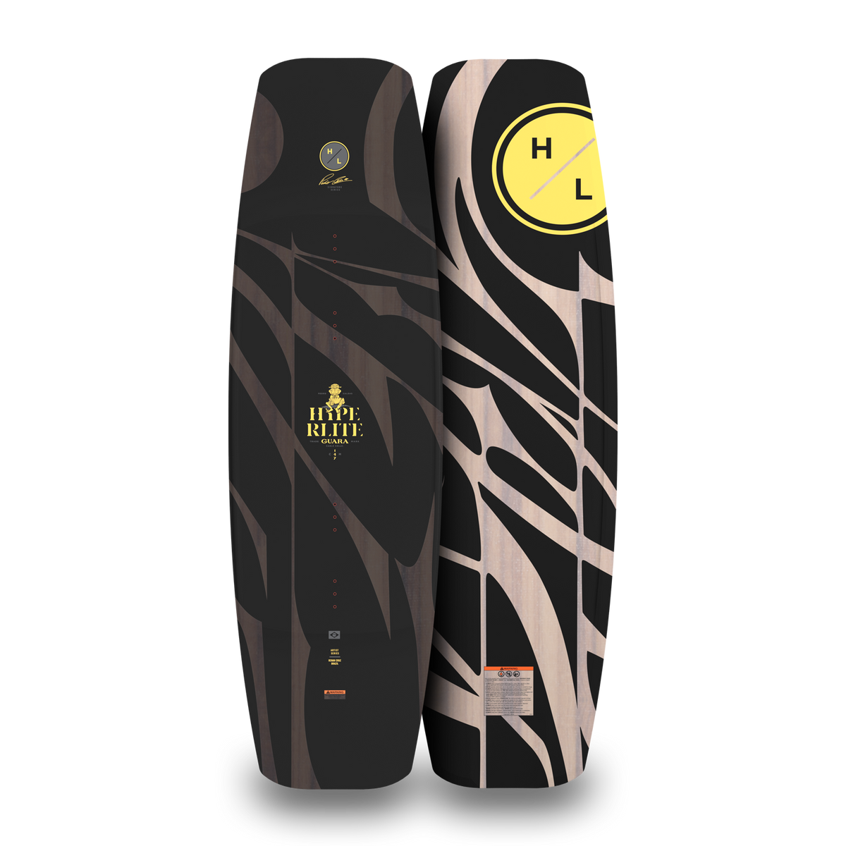 Front and back views of the Guara wakeboard with a black and wood-grain top and yellow H/L logo base.
