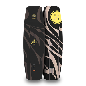 Front and back views of the Guara wakeboard with a black and wood-grain top and yellow H/L logo base.