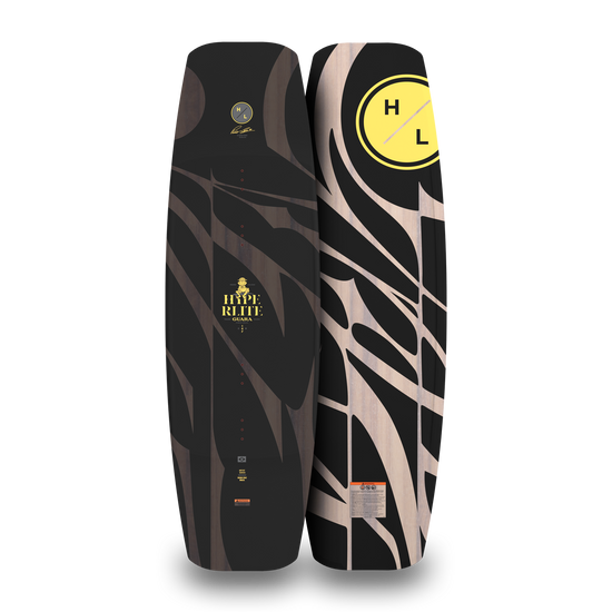 Front and back views of the Guara wakeboard with a black and wood-grain top and yellow H/L logo base.