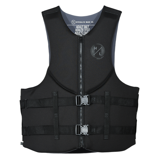 Front view of Indy Big & Tall - Men's CGA Vest in black with grey lining, a tonal Hyperlite logo and buckles.