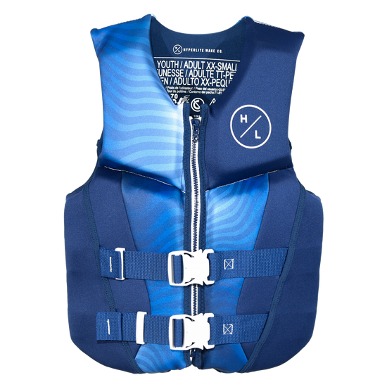 Front view of Indy - Junior CGA Vest in navy with blue wave print, a white Hyperlite logo and white buckles.