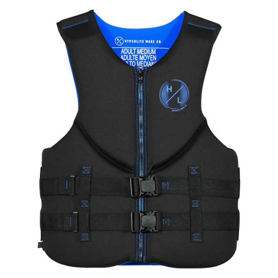 Front view of Indy Men's CGA Vest - Blue in black with blue lining, blue zipper trim and a large Hyperlite logo.