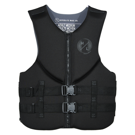 Front view of Indy - Men's CGA Vest - Grey in black with grey lining, a tonal Hyperlite logo and two buckles.