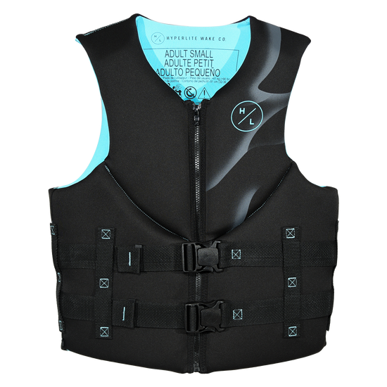 Front view of Indy - Women's CGA Vest - Hawaiian Blue in black with aqua lining, grey swirl and two buckles.