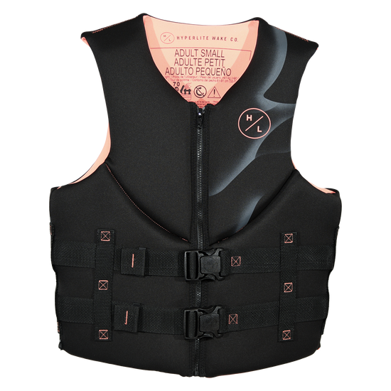 Front view of Indy - Women's CGA Vest - Melon in black with melon lining, a grey swirl print and two buckles.