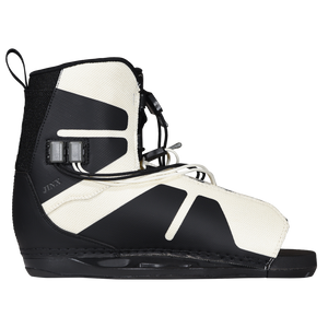 Side view of the black and cream Jinx Girls Binding with dual lace locks, a heel pull loop, and an open toe.