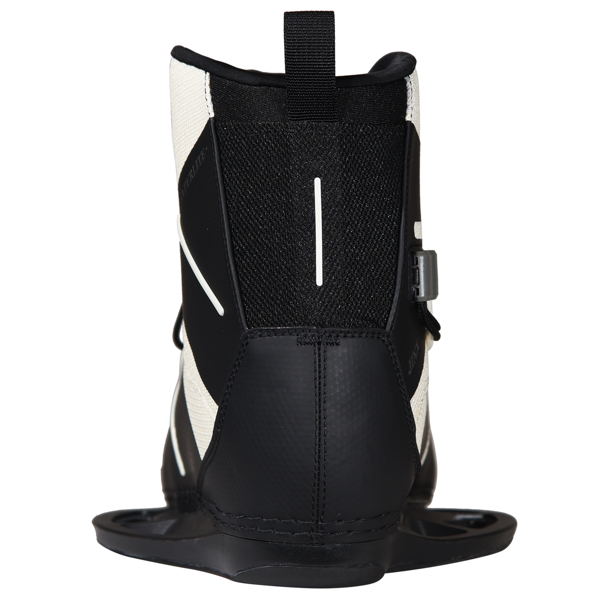 Back view of the black and cream Jinx Girls Binding with a mesh heel panel, white stripe, and a pull tab.