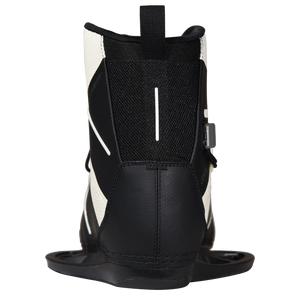 Back view of the black and cream Jinx Girls Binding with a mesh heel panel, white stripe, and a pull tab.