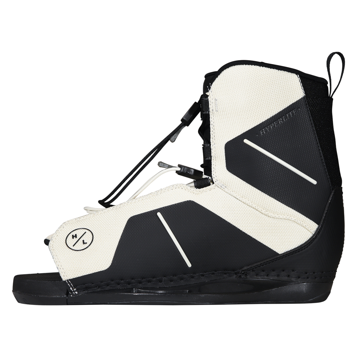 Side view of the black and cream Jinx Girls Binding facing left, with white stripe accents and an open toe.