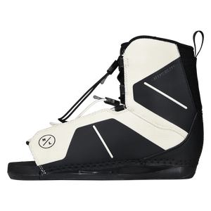 Side view of the black and cream Jinx Girls Binding facing left, with white stripe accents and an open toe.