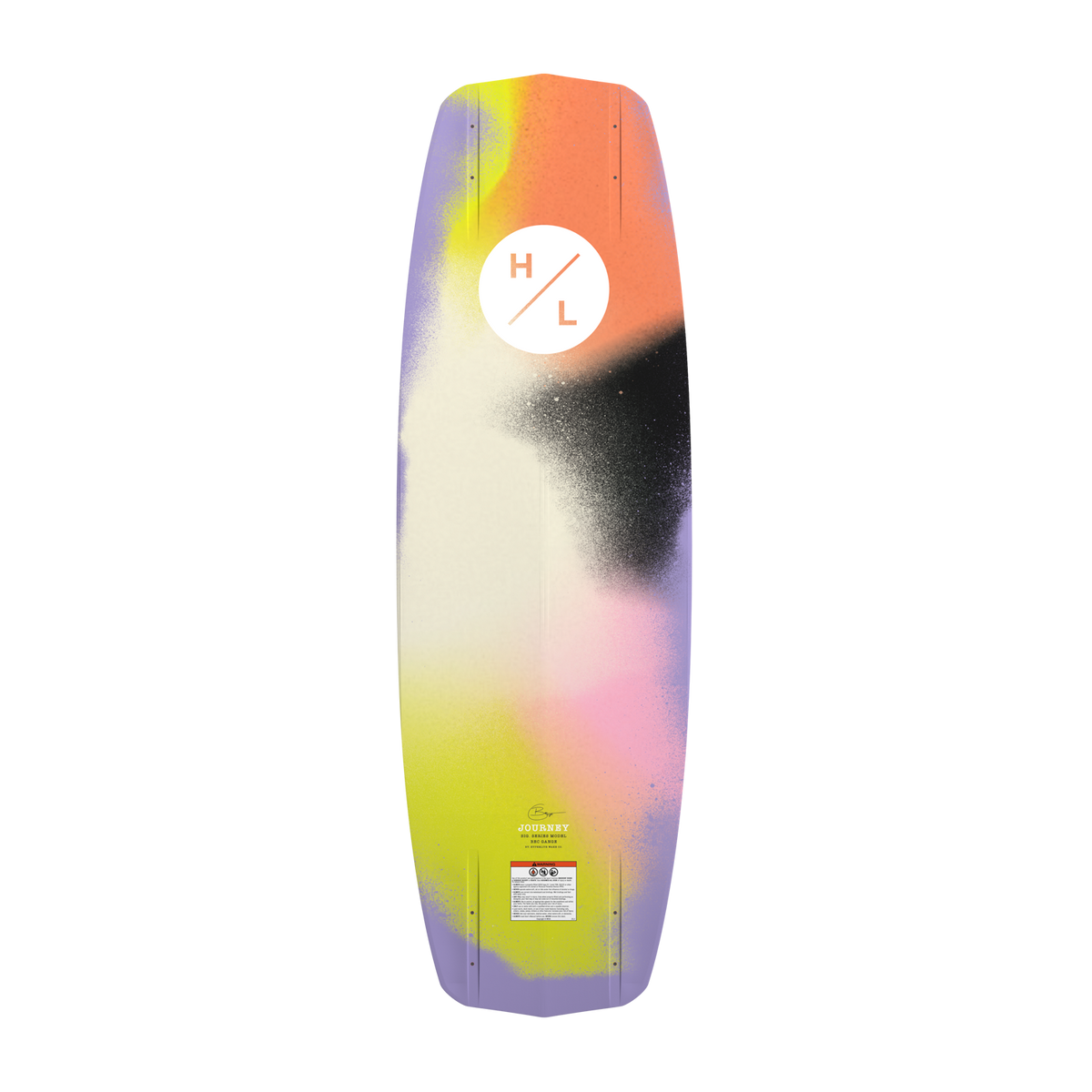 Bottom view of multicolor Journey wakeboard with spray-paint gradient and Hyperlite logo.