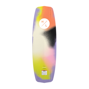 Bottom view of multicolor Journey wakeboard with spray-paint gradient and Hyperlite logo.