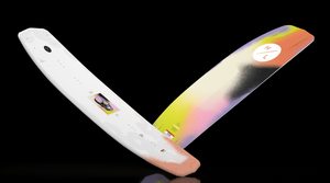 Angled view of white and multicolor Journey wakeboard showing both sides.