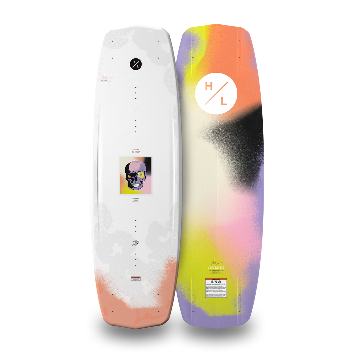 Top and bottom views of white and multicolor Journey wakeboard with spray-paint gradient.
