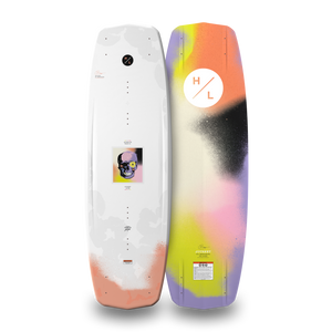 Top and bottom views of white and multicolor Journey wakeboard with spray-paint gradient.