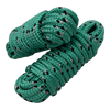 Angled view of two stacked green dock lines with black and gray patterns, coiled and secured with looped ends.