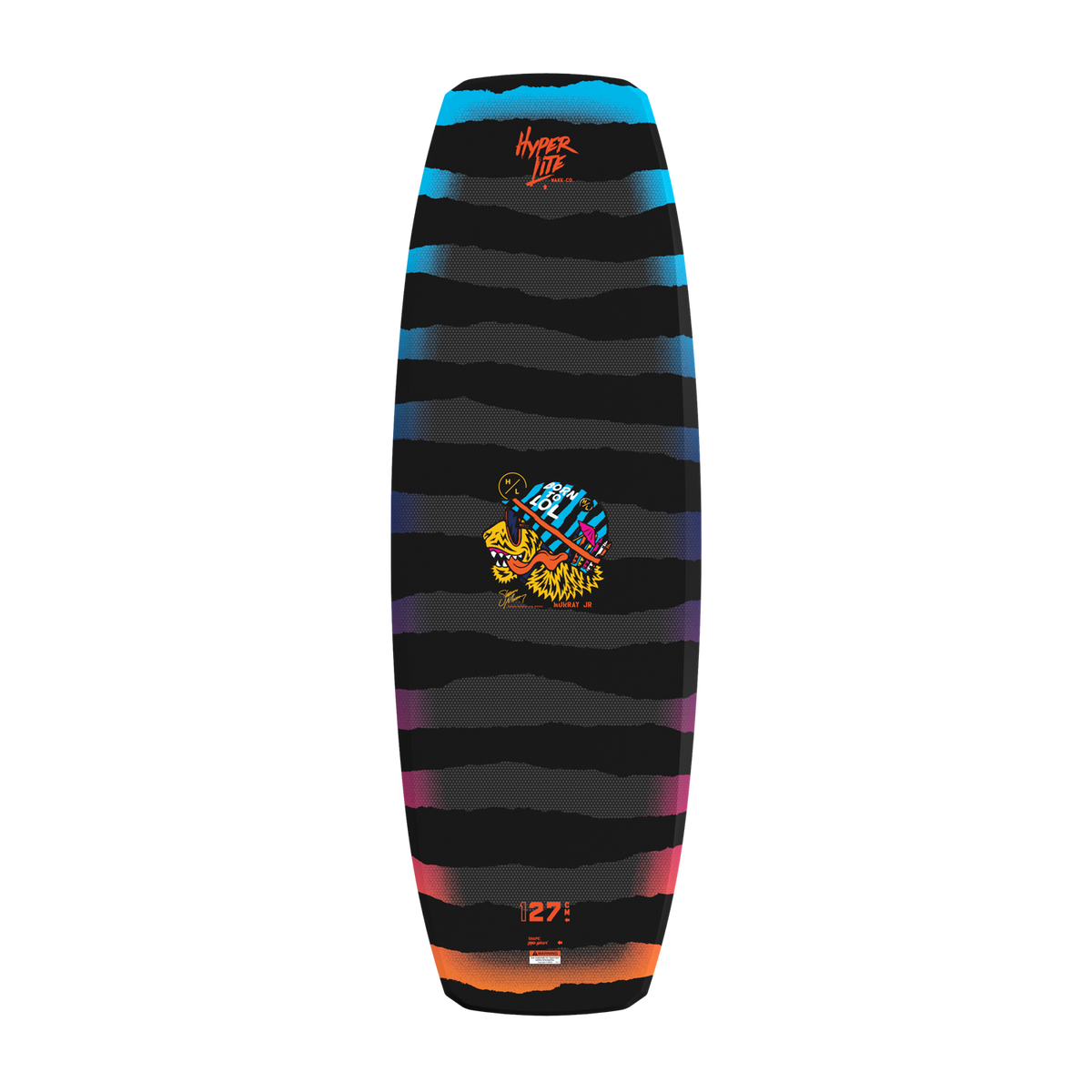 Top view of striped Murray Jr. wakeboard with tiger graphic and script Hyperlite logo.