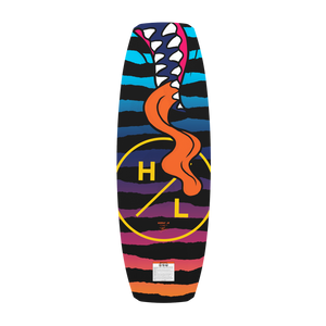 Bottom view of striped Murray Jr. wakeboard with shark teeth and orange tongue graphic.