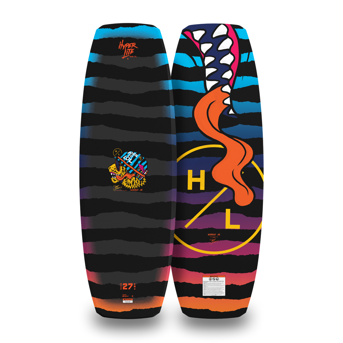 Top and bottom views of striped Murray Jr. wakeboard with shark and tiger graphics and script logo.