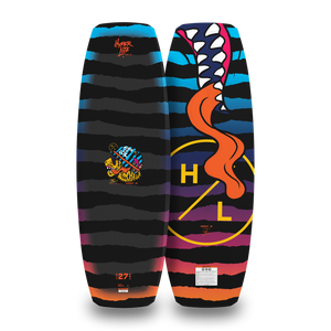 Top and bottom views of striped Murray Jr. wakeboard with shark and tiger graphics and script logo.
