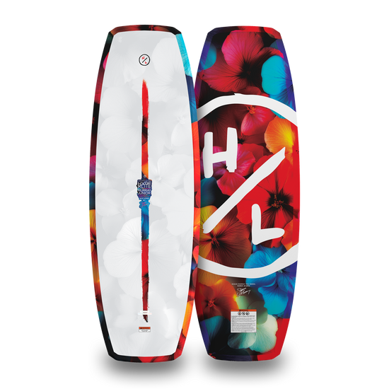Top and bottom views of Murray Jr. Girls wakeboard with colorful floral graphic and logo.