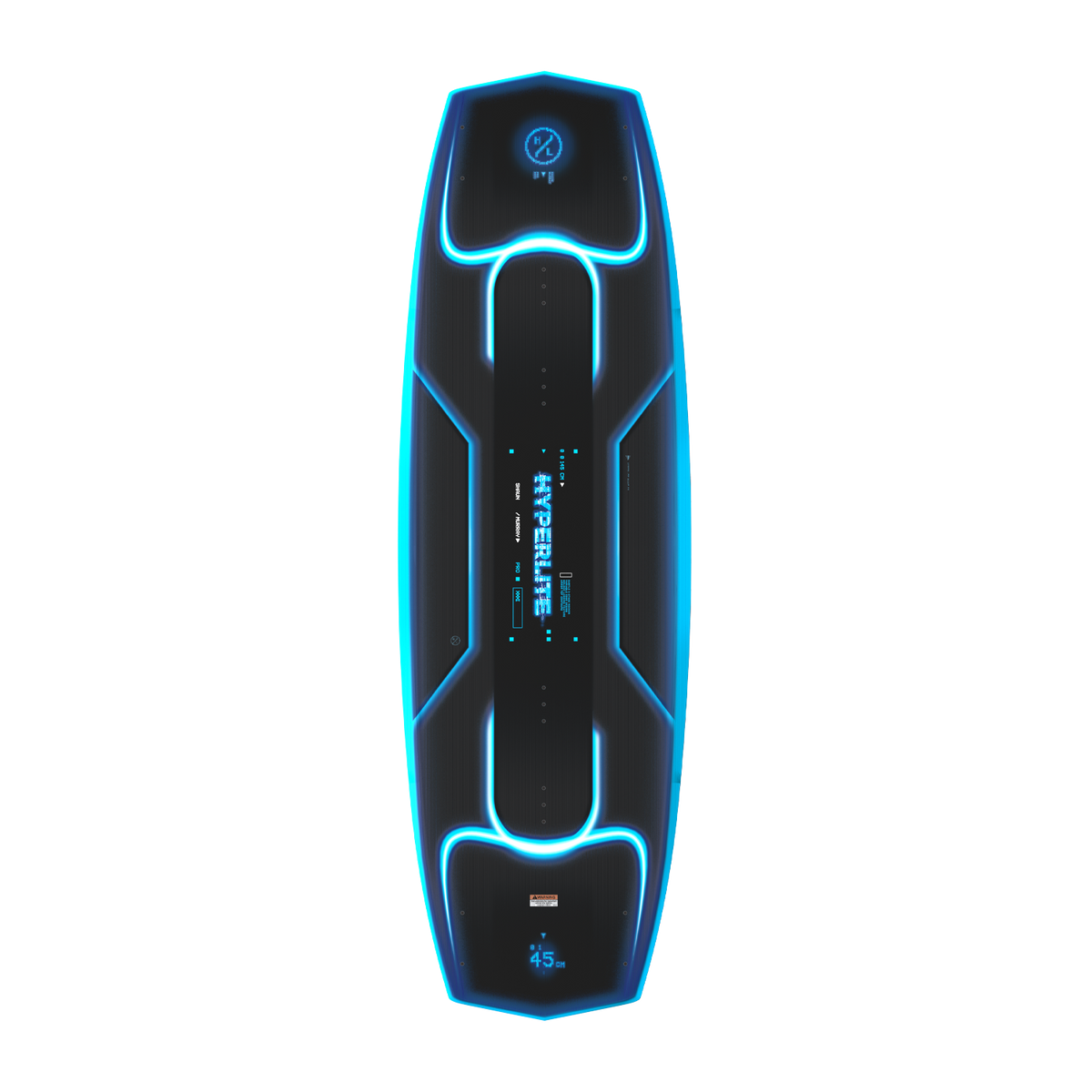 Top view of black Murray Pro wakeboard with glowing blue outline and molded contours.