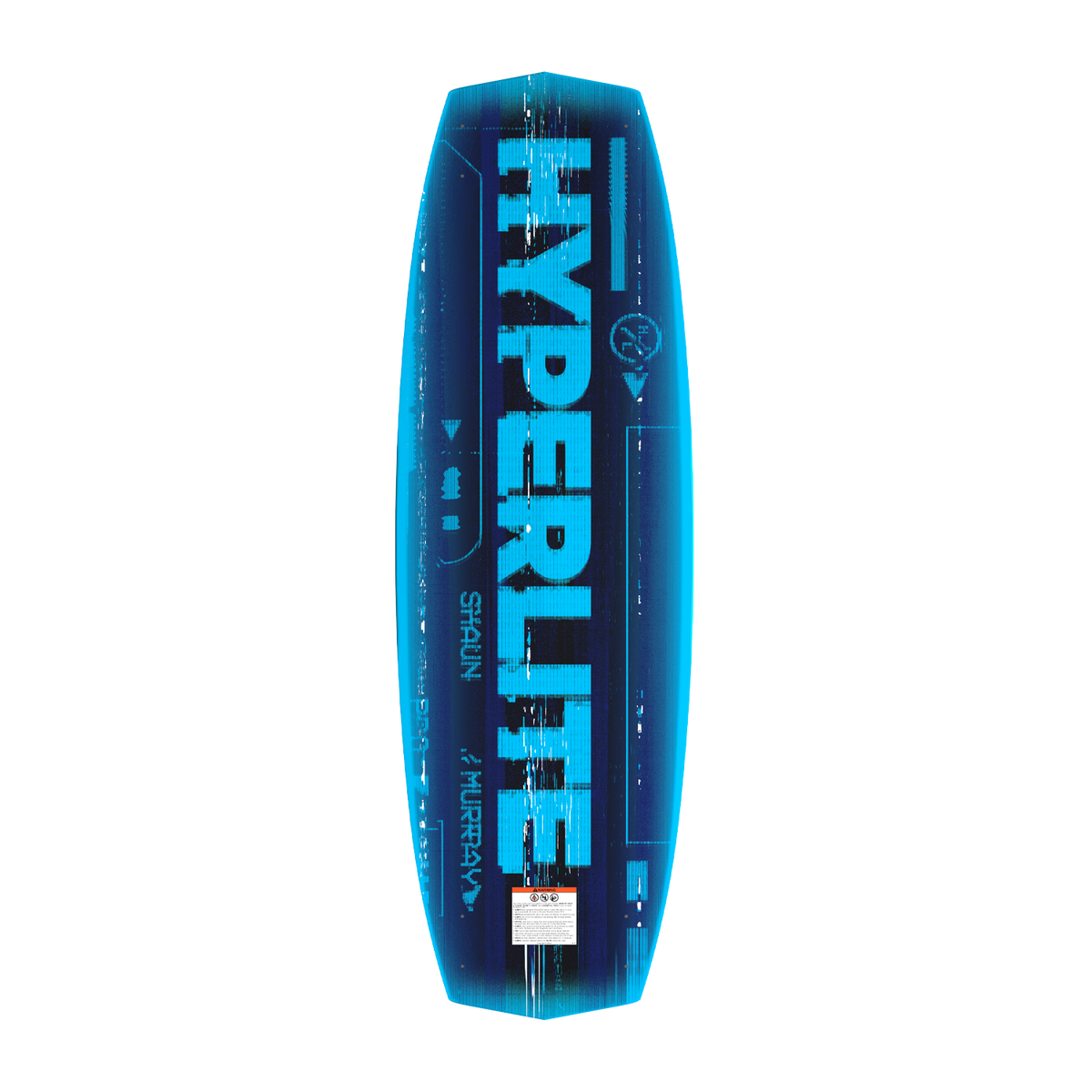 Bottom view of blue Murray Pro wakeboard with glitchy digital Hyperlite logo.