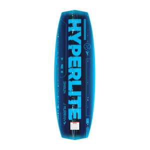 Bottom view of blue Murray Pro wakeboard with glitchy digital Hyperlite logo.