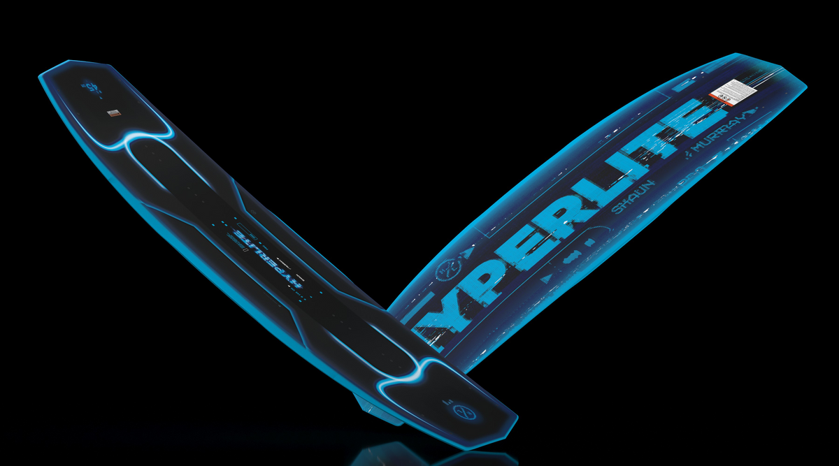 Angled view of black and blue Murray Pro wakeboard showing both sides.