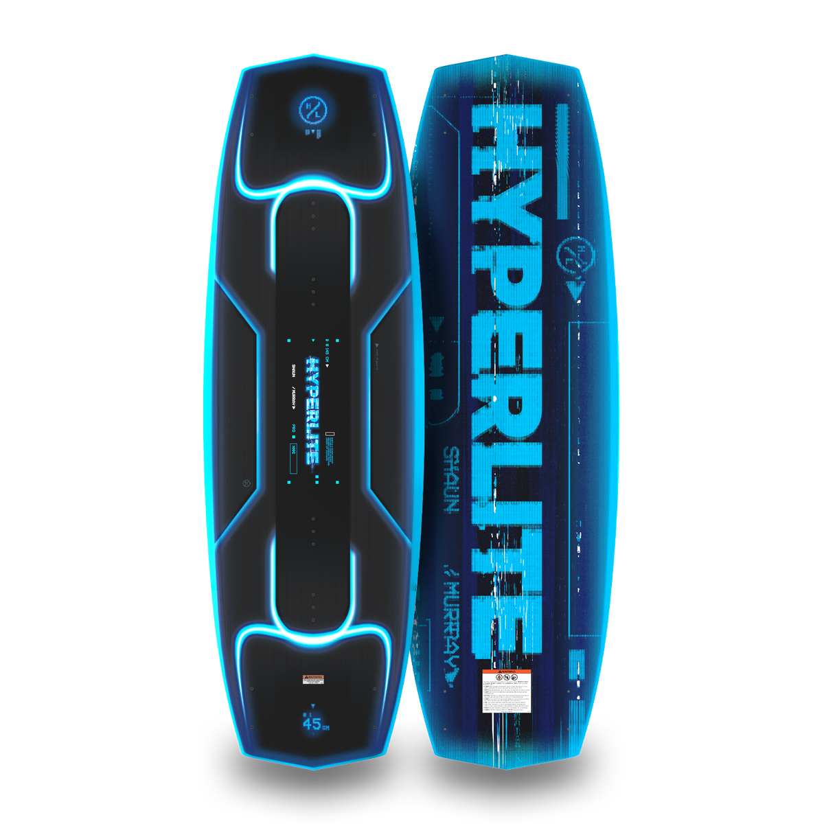 Top and bottom views of black and blue Murray Pro wakeboard with glowing neon accents.