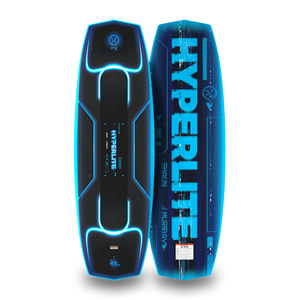 Top and bottom views of black and blue Murray Pro wakeboard with glowing neon accents.