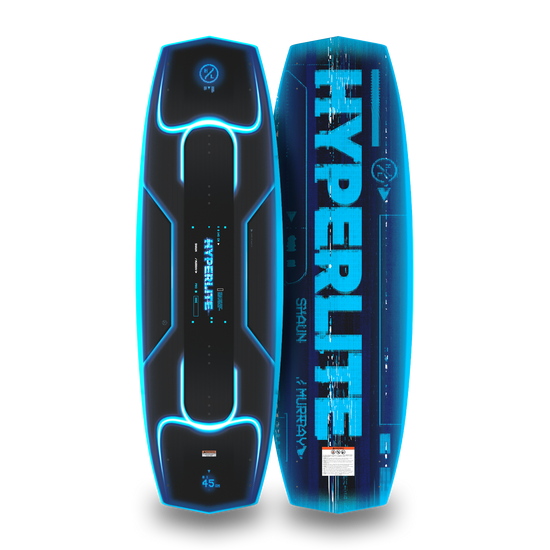 Top and bottom views of black and blue Murray Pro wakeboard with glowing neon accents.