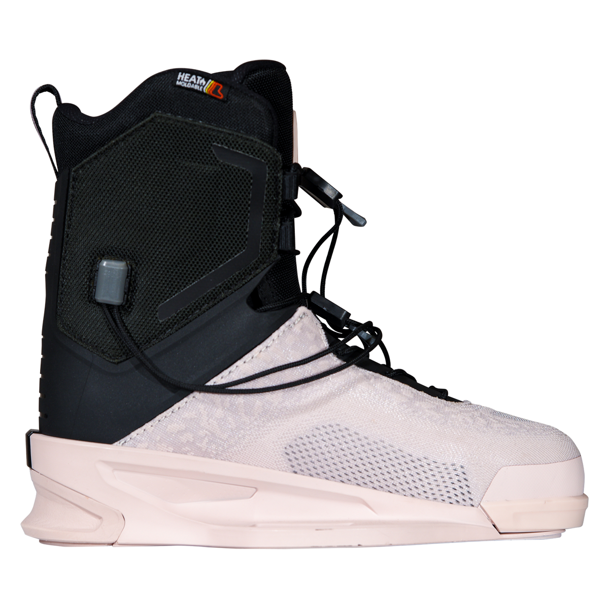 Side view of the Ora Binding with a black mesh cuff, lace-lock toggles, and a sculpted pale pink base.