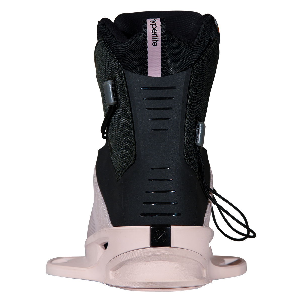 Back view of the Ora Binding with a slotted black heel spine, pink pull tab, and a pale pink base.