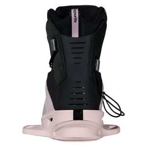 Back view of the Ora Binding with a slotted black heel spine, pink pull tab, and a pale pink base.