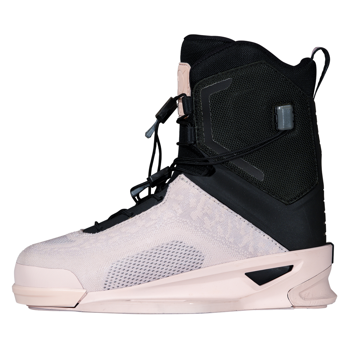 Side view of the Ora Binding facing left, with cord laces, a mesh cuff, and a vented pale pink base.