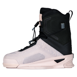 Side view of the Ora Binding facing left, with cord laces, a mesh cuff, and a vented pale pink base.