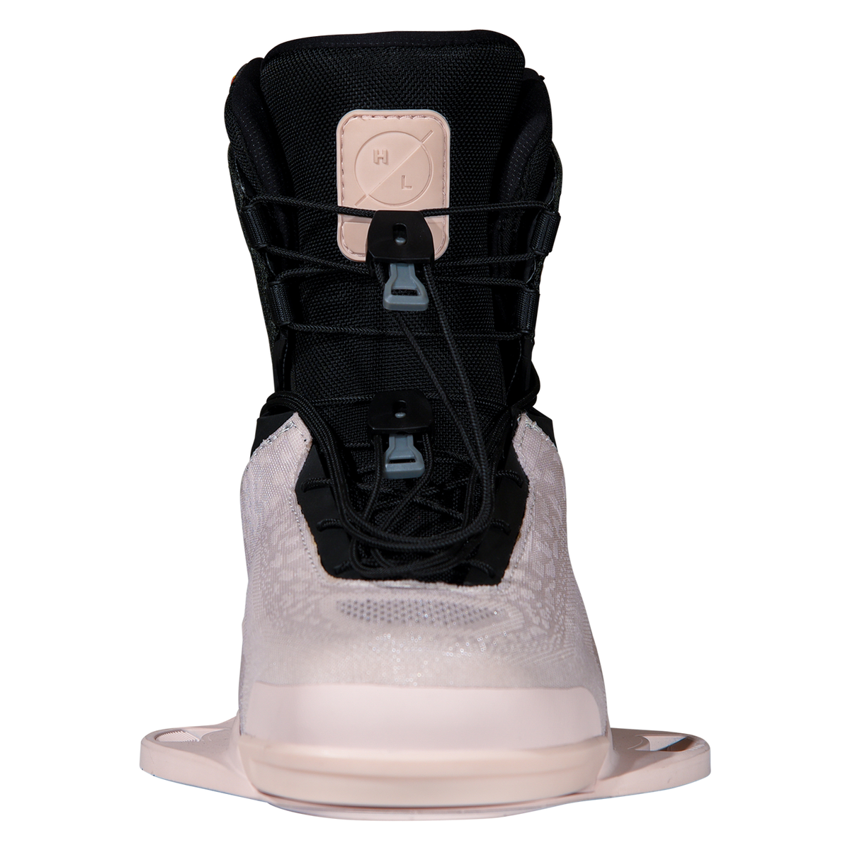 Front view of the Ora Binding with cord laces, a pale pink tongue patch, and a pink textured toe.